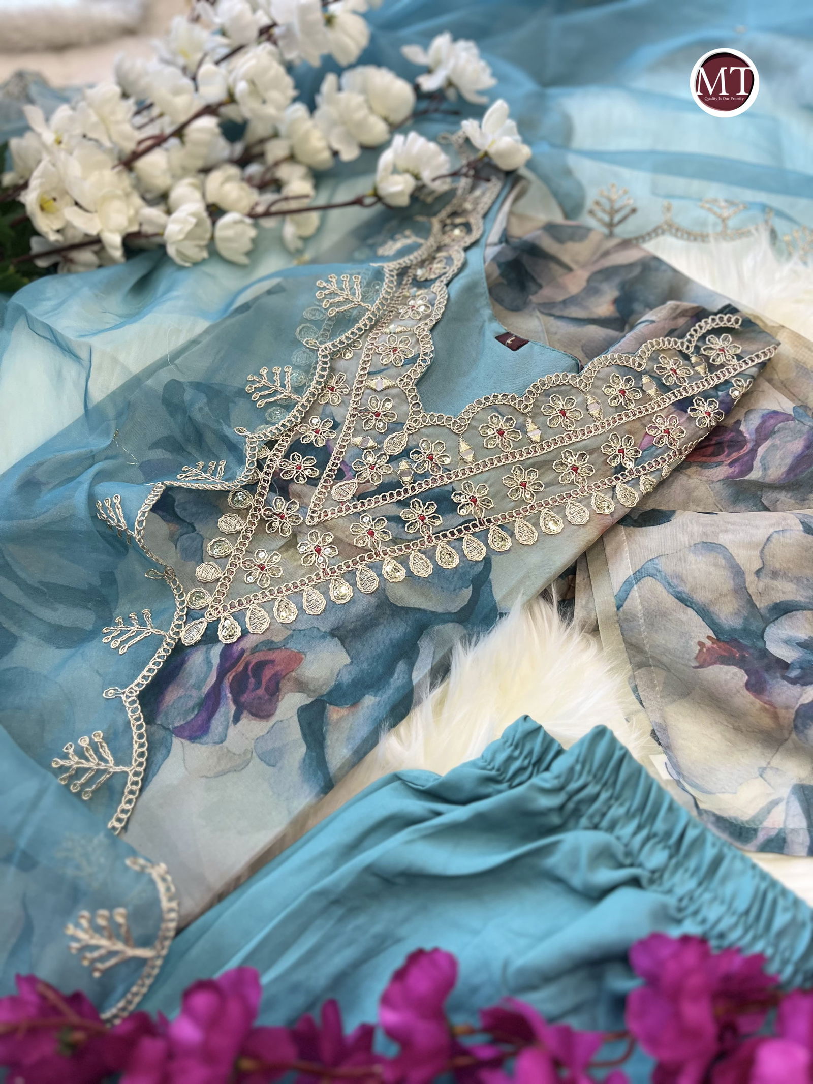 MT Heavy Organza Embroidery Kurti With Bottom Dupatta Wholesale Shop In Surat
